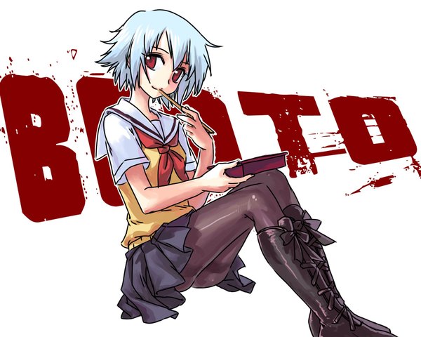 Anime picture 1920x1536 with ben-tou david production yarizui sen single highres short hair light erotic simple background smile red eyes white background silver hair inscription girl uniform school uniform pantyhose thigh boots vest chopsticks
