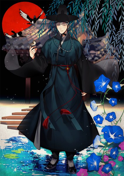 Anime picture 650x920 with original gearous single tall image looking at viewer fringe short hair hair between eyes standing full body traditional clothes grey hair night sparkle grey eyes architecture ripples red moon east asian architecture bird on hand