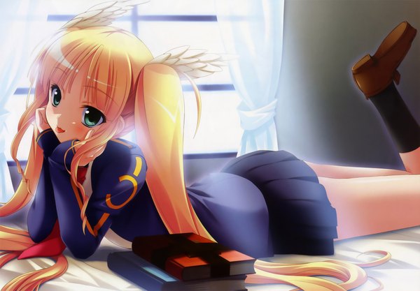 Anime picture 2009x1398 with prawf clwyd alfhild tranen single looking at viewer blush highres blue eyes blonde hair twintails very long hair scan :p girl skirt uniform school uniform socks window tongue book (books)