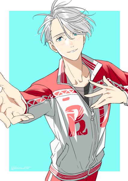 Anime picture 851x1200 with yuri!!! on ice mappa viktor nikiforov natsuko (bluecandy) single tall image looking at viewer short hair blue eyes simple background silver hair upper body light smile from above outstretched hand aqua background boy sports jacket