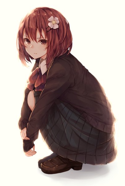 Anime picture 771x1147 with original hiiragi yashiro single tall image looking at viewer blush fringe short hair simple background hair between eyes brown hair white background brown eyes full body bent knee (knees) pleated skirt hair flower sleeves past wrists squat serious