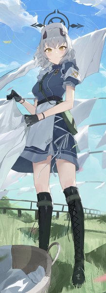 Anime picture 1500x4119 with blue archive sena (blue archive) kji (rozo) single tall image looking at viewer blush fringe short hair standing holding yellow eyes sky silver hair cloud (clouds) outdoors horn (horns) wind shadow from below