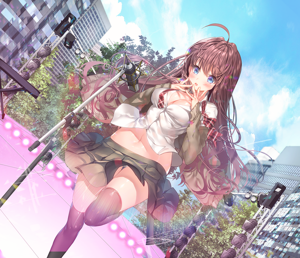 Anime picture 1151x990 with idolmaster idolmaster cinderella girls ichinose shiki aile (crossroads) single long hair blush fringe breasts open mouth blue eyes light erotic hair between eyes brown hair standing sky cleavage cloud (clouds) ahoge outdoors