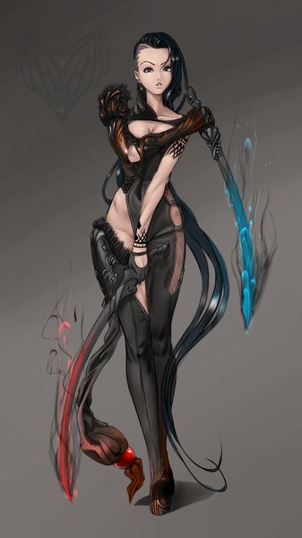 Anime picture 2160x3840 with original forgotten-wings single tall image looking at viewer highres light erotic black hair very long hair black eyes no panties girl weapon earrings sword clothes