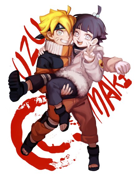 イラスト 1763x2398 と ナルト 株式会社ぴえろ naruto (series) うずまきボルト うずまきヒマワリ gusam 長身像 カメラ目線 前髪 highres 短い髪 開いた口 青い目 simple background 金髪 笑顔 hair between eyes 立つ 白背景 purple hair