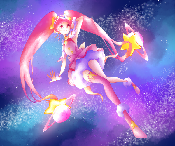 Anime picture 1200x1000 with precure star twinkle precure toei animation hoshina hikaru cure star zy miyabi single twintails signed pink hair full body very long hair pink eyes dated flying space magical girl girl star (symbol) star (stars)