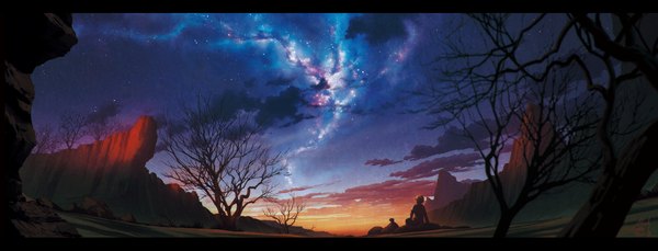 Anime picture 1257x481 with original mocha (cotton) single wide image standing sitting sky cloud (clouds) from behind arm support letterboxed horizon landscape scenic bare tree rock morning sunrise plant (plants) tree (trees)