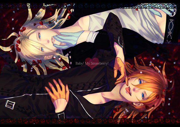 Anime picture 1000x708 with uta no prince-sama a-1 pictures jinguji ren camus long hair looking at viewer blue eyes blonde hair lying orange hair multiple boys holding hands finger to mouth partially open clothes shirt lift boy gloves flower (flowers) shirt petals