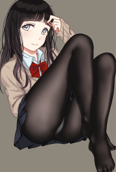 Anime picture 1190x1763 with original saitou (lynx-shrike) single long hair tall image looking at viewer blue eyes light erotic black hair grey background pantyshot girl skirt uniform underwear panties school uniform miniskirt pantyhose