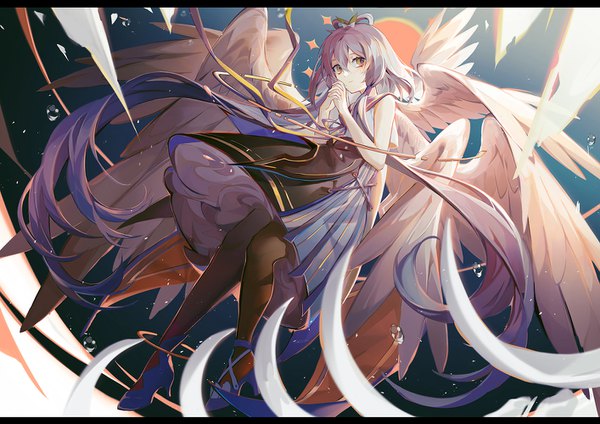 Anime picture 1414x1000 with vocaloid vocaloid china luo tianyi machi (7769) single fringe hair between eyes brown eyes looking away purple hair full body very long hair letterboxed hands clasped multiple wings girl dress pantyhose wings black pantyhose