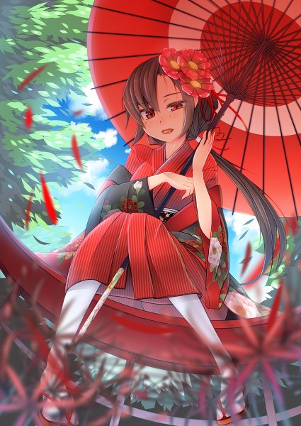 Anime picture 850x1200 with original hira (nanika no heya) single long hair tall image looking at viewer open mouth red eyes brown hair sitting traditional clothes japanese clothes hair flower girl hair ornament flower (flowers) kimono umbrella