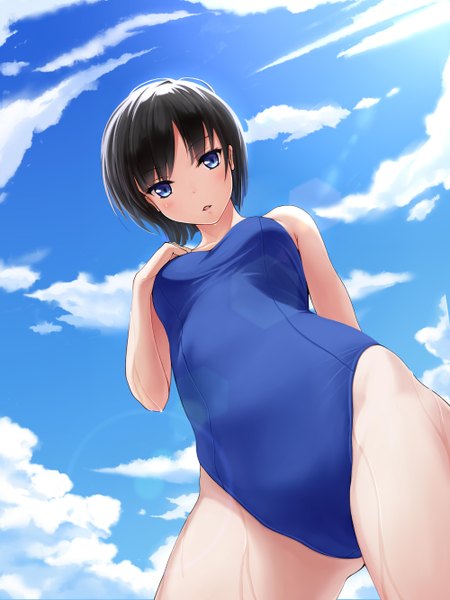Anime picture 2000x2667 with original kano sakurai single tall image looking at viewer blush highres short hair open mouth blue eyes light erotic black hair sky cloud (clouds) parted lips from below arm behind back girl swimsuit one-piece swimsuit