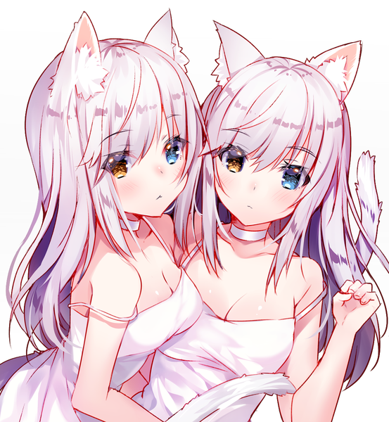 Anime picture 1106x1200 with original usagihime long hair tall image looking at viewer blush fringe breasts blue eyes simple background hair between eyes white background bare shoulders multiple girls brown eyes animal ears payot upper body white hair tail