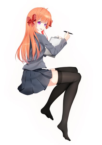 Anime picture 1240x1753 with gekkan shoujo nozaki-kun doga kobo sakura chiyo u.n.k. single long hair tall image open mouth simple background white background purple eyes orange hair zettai ryouiki polka dot girl thighhighs skirt uniform bow black thighhighs