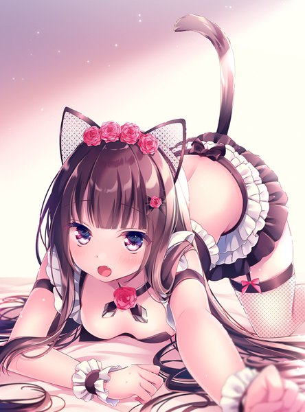 Anime picture 593x800 with original nemuri nemu single long hair tall image looking at viewer blush fringe breasts open mouth light erotic black hair purple eyes animal ears cleavage tail blunt bangs animal tail hair flower sunlight