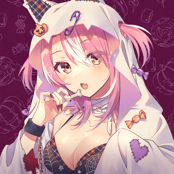 Anime picture 1500x1500 with original haruyuki 14 single long hair looking at viewer fringe breasts open mouth light erotic hair between eyes large breasts holding animal ears yellow eyes pink hair cleavage upper body long sleeves nail polish multicolored hair