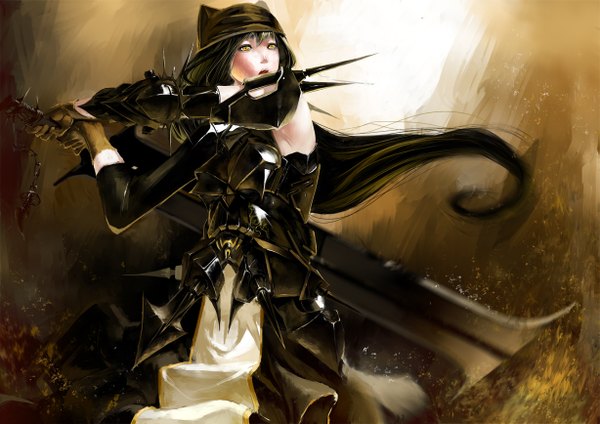 Anime picture 1227x868 with original karasu-san (syh3iua83) single long hair open mouth black hair yellow eyes girl gloves weapon hat sword armor