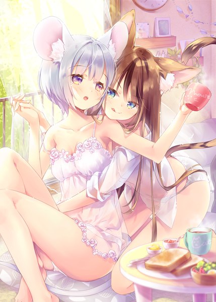 Anime picture 1296x1813 with original ech long hair tall image blush fringe short hair breasts blue eyes light erotic brown hair sitting multiple girls holding brown eyes animal ears looking away bent knee (knees) ass tail