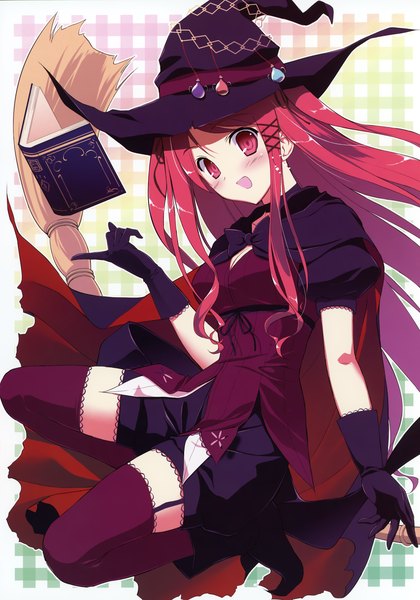 Anime picture 2100x2999 with witch's garden hinomiya ayari fumio (ura fmo) single long hair tall image blush highres open mouth red eyes red hair scan witch girl thighhighs dress gloves book (books) witch hat broom