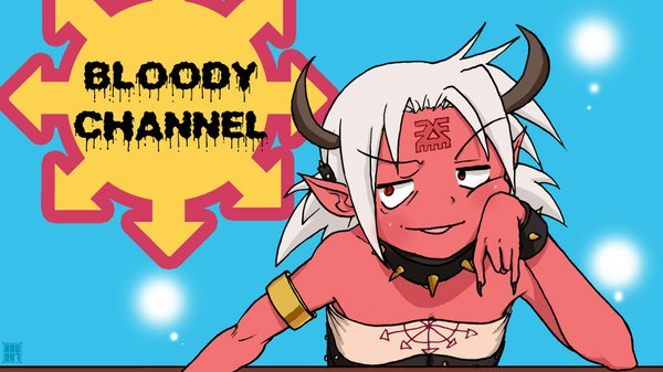 Anime picture 1000x563 with lucky star warhammer 40k kyoto animation kogami akira chaos (warhammer) ragathol single short hair red eyes wide image white hair horn (horns) pointy ears demon girl parody red skin lucky channel girl bracelet collar