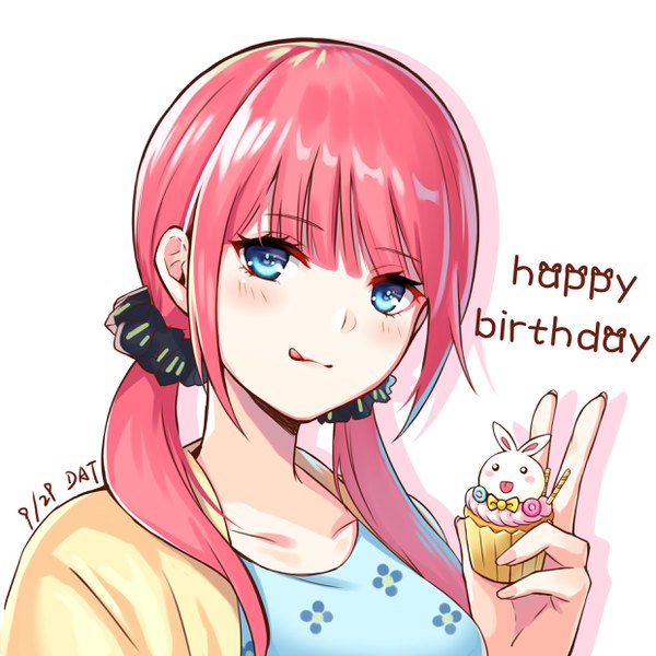Anime picture 2480x2480 with go-toubun no hanayome nakano nino da-cart single long hair looking at viewer blush highres blue eyes simple background white background twintails pink hair upper body low twintails dated portrait happy birthday alternate age older