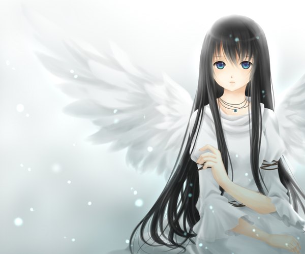 Anime picture 1200x1000 with original ujou kazuki (artist) single long hair blue eyes black hair snowing winter girl wings