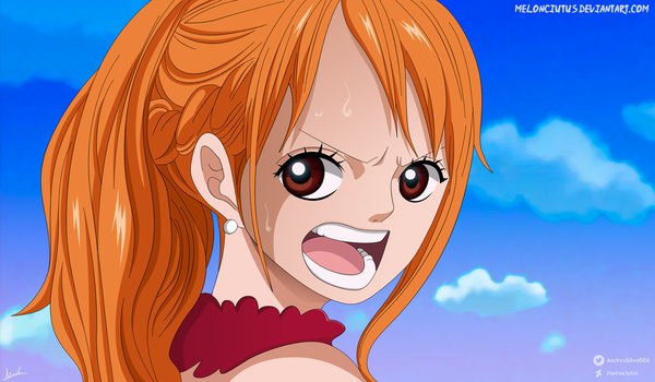 Anime picture 1857x1085 with one piece toei animation nami (one piece) melonciutus single long hair fringe highres open mouth wide image brown eyes signed looking away sky cloud (clouds) ponytail braid (braids) orange hair teeth sweat