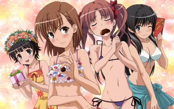 Anime picture 2560x1600 with to aru kagaku no railgun j.c. staff misaka mikoto shirai kuroko saten ruiko uiharu kazari highres light erotic wide image swimsuit bikini