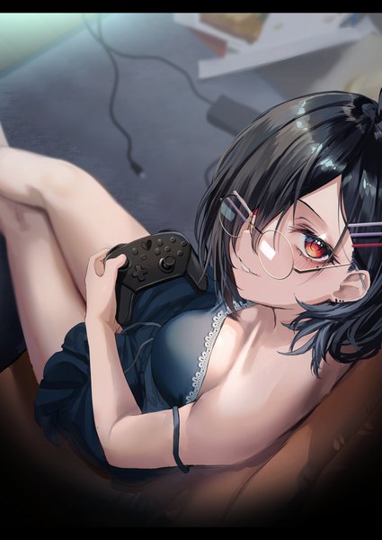 Anime picture 2508x3541 with original fou (ssqseeker) single tall image fringe highres short hair black hair red eyes sitting holding indoors parted lips from above hair over one eye mole mole under eye piercing ear piercing letterboxed