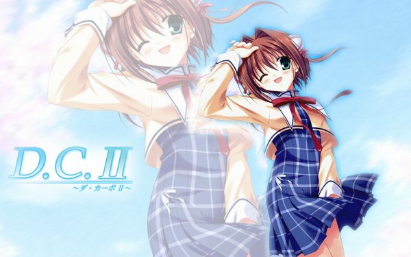 Anime picture 1280x800 with da capo da capo ii asakura yume short hair brown hair wide image one eye closed wink hair bun (hair buns) wallpaper zoom layer uniform school uniform