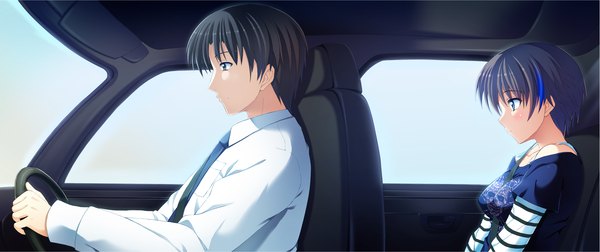 Anime picture 3846x1620 with atled everlasting song highres short hair blue eyes black hair wide image game cg car interior girl boy ground vehicle car
