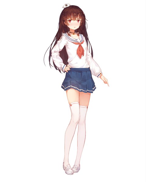 Anime picture 1200x1500 with original elpx (gu jian shaonu) single long hair tall image looking at viewer blush fringe open mouth simple background hair between eyes red eyes brown hair standing white background full body braid (braids) long sleeves pleated skirt hand on hip