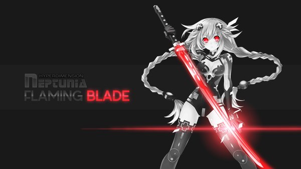 Anime picture 1920x1080 with choujigen game neptune hyperdimension neptunia mk2 purple heart assassinwarrior single looking at viewer highres light erotic red eyes wide image braid (braids) very long hair inscription wallpaper twin braids glowing black background monochrome girl gloves