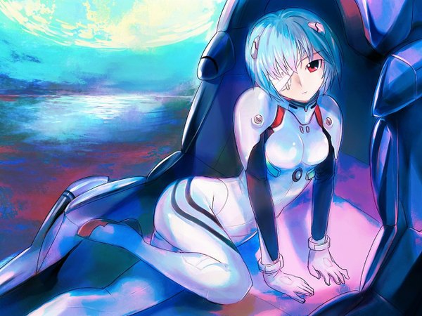 Anime picture 1280x960 with neon genesis evangelion gainax ayanami rei makarauroko6 short hair red eyes blue hair bandage over one eye bandage (bandages) eyepatch pilot suit entry plug
