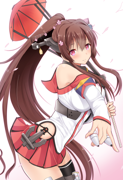 Anime picture 684x1000 with kantai collection yamato super battleship takeyuu single long hair tall image looking at viewer blush light erotic brown hair white background ponytail pink eyes girl skirt miniskirt petals