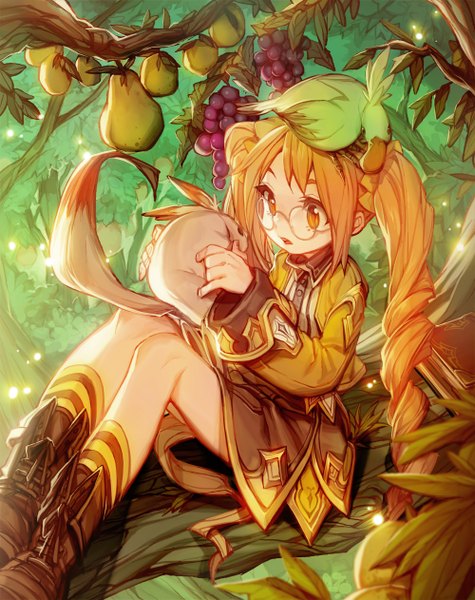 Anime picture 1000x1262 with original umberwig long hair tall image open mouth twintails holding orange hair orange eyes tree sitting girl skirt plant (plants) animal tree (trees) socks glasses food jacket boots
