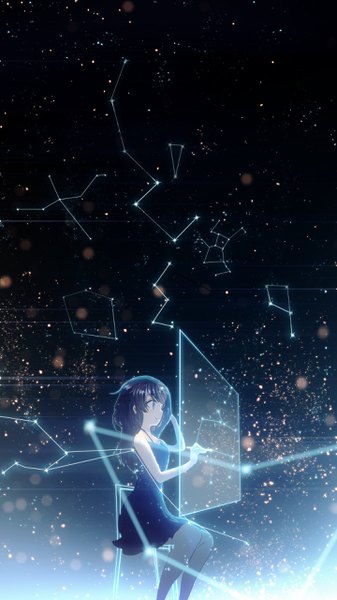 Anime-Bild 1440x2560 mit original y y (ysk ygc) single long hair tall image blue eyes black hair smile sitting full body profile light drawing constellation girl dress black dress star (stars) chair screen