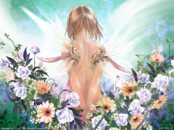 Anime picture 1024x768 with saikano gonzo chise takahashi shin single short hair blonde hair from behind back mechanical wings girl flower (flowers) rose (roses) blue rose