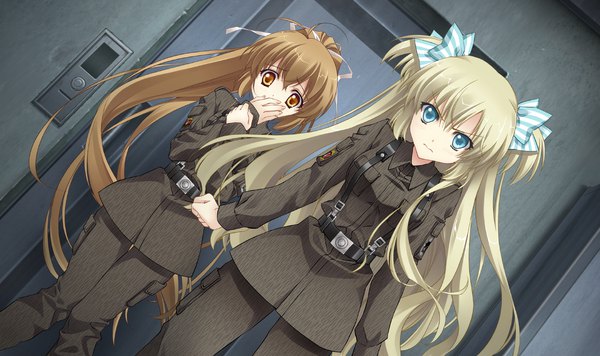 Anime picture 2760x1640 with muv-luv alternative schwarzesmarken muv-luv katia waldheim liz hohenstein carnelian long hair looking at viewer fringe highres blue eyes blonde hair hair between eyes brown hair wide image standing twintails multiple girls brown eyes ponytail