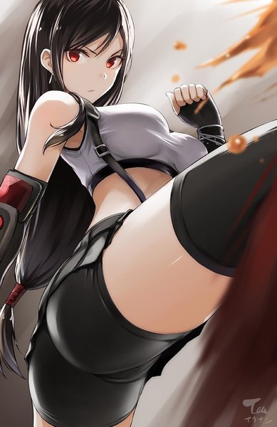 Anime picture 649x1000 with final fantasy final fantasy vii square enix tifa lockhart tea (nakenashi) single long hair tall image looking at viewer fringe breasts light erotic black hair simple background hair between eyes red eyes signed ass grey background from below