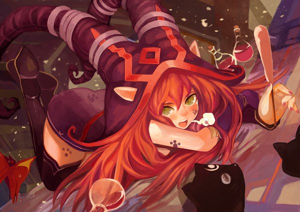 Anime picture 1400x990 with league of legends lulu (league of legends) canking single long hair looking at viewer blush fringe open mouth green eyes red hair lying nail polish fingernails on stomach girl hat animal cat