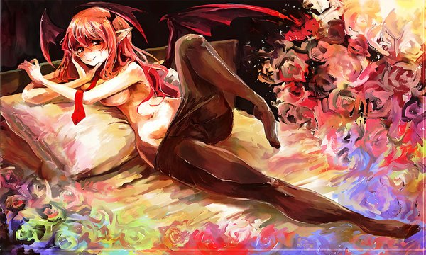 Anime picture 1024x616 with touhou koakuma ast (artist) single long hair blush breasts light erotic smile red eyes wide image red hair lying pointy ears topless head wings girl pantyhose wings necktie