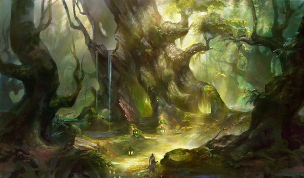 Anime picture 1920x1125 with rong rong (shenhaiyuyou) single highres wide image nature waterfall plant (plants) tree (trees) water forest lantern