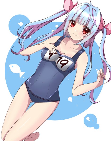 Anime picture 940x1200 with kantai collection i-19 submarine kyappi run single long hair tall image looking at viewer blush breasts light erotic simple background smile red eyes white background twintails bare shoulders blue hair girl ribbon (ribbons) swimsuit