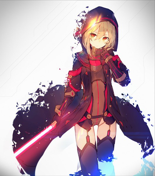 Anime picture 1200x1365 with fate (series) fate/grand order artoria pendragon (all) mysterious heroine x (alter) (fate) enj! single tall image looking at viewer fringe short hair light erotic blonde hair simple background hair between eyes holding head tilt grey background orange eyes gradient background ass visible through thighs