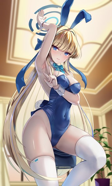 Anime picture 3000x5000 with blue archive toki (blue archive) toki (bunny) (blue archive) kaneki yushi single long hair tall image looking at viewer fringe highres breasts blue eyes light erotic blonde hair animal ears bent knee (knees) indoors blunt bangs arm up from below