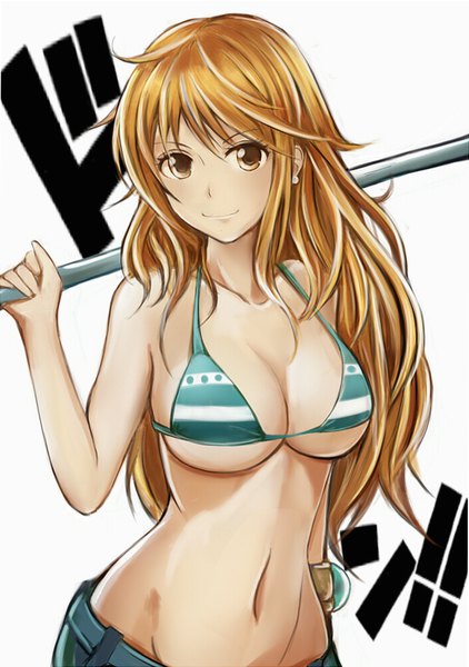 Anime picture 703x1000 with one piece toei animation nami (one piece) nannacy7 single long hair tall image looking at viewer blush fringe breasts light erotic smile hair between eyes large breasts standing white background bare shoulders holding cleavage
