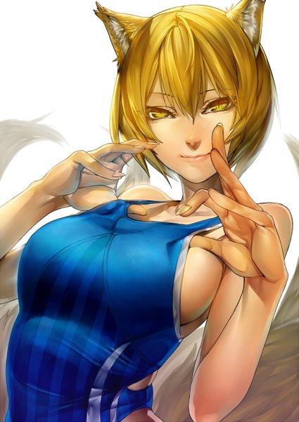 Anime picture 992x1402 with touhou yakumo ran ant of spirit single tall image looking at viewer highres short hair breasts light erotic simple background blonde hair large breasts white background animal ears yellow eyes upper body tail animal tail fingernails