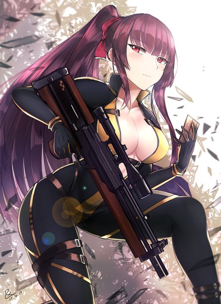 Anime picture 2470x3400 with girls frontline wa2000 (girls frontline) zhishi ge fangzhang single long hair tall image blush fringe highres breasts light erotic large breasts holding signed cleavage purple hair ponytail blunt bangs pink eyes dated