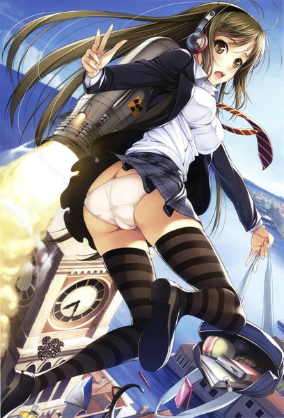 Anime picture 2869x4220 with megami magazine girl's avenue ikeda yasuhiro single long hair tall image blush highres open mouth light erotic brown hair brown eyes looking back official art pantyshot striped flying girl thighhighs skirt